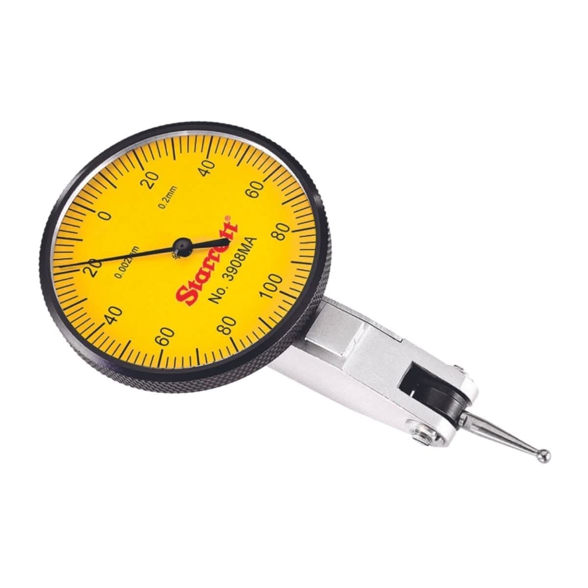 Starrett Dial Test Indicator | 40mm Yellow Dial Face, 0.2mm Range, 0-100-0 Dial, 0.002mm Graduation, Dovetail Mount (3908MA)
