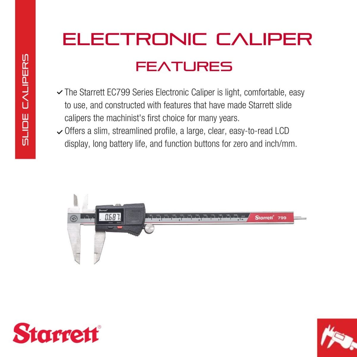 Starrett Stainless Steel Electronic Slide Caliper | 0-8" Range, 0.0005" Resolution, LCD Display, EC799A-8/200