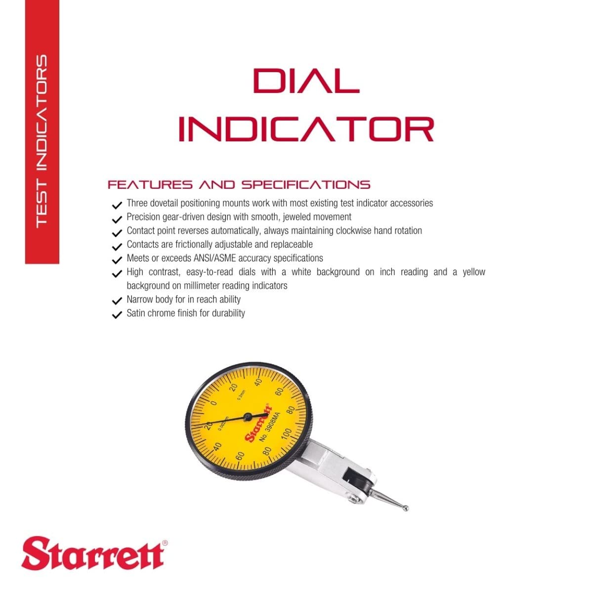 Starrett Dial Test Indicator with Dovetail Mount, Two Dovetail Clamps and Case - 40mm Yellow Dial Face, 0.2mm Range, 0-100-0 Dial Reading, 0.002mm Graduations - 3908MA