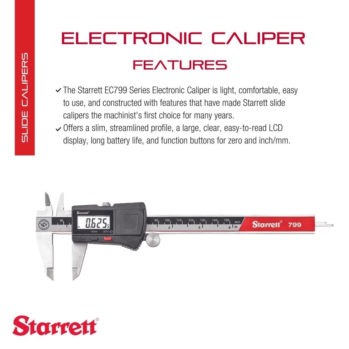 Starrett Stainless Steel Electronic Slide Caliper | 0-6" Range, 0.0005" Resolution, LCD Display, EC799A-6/150