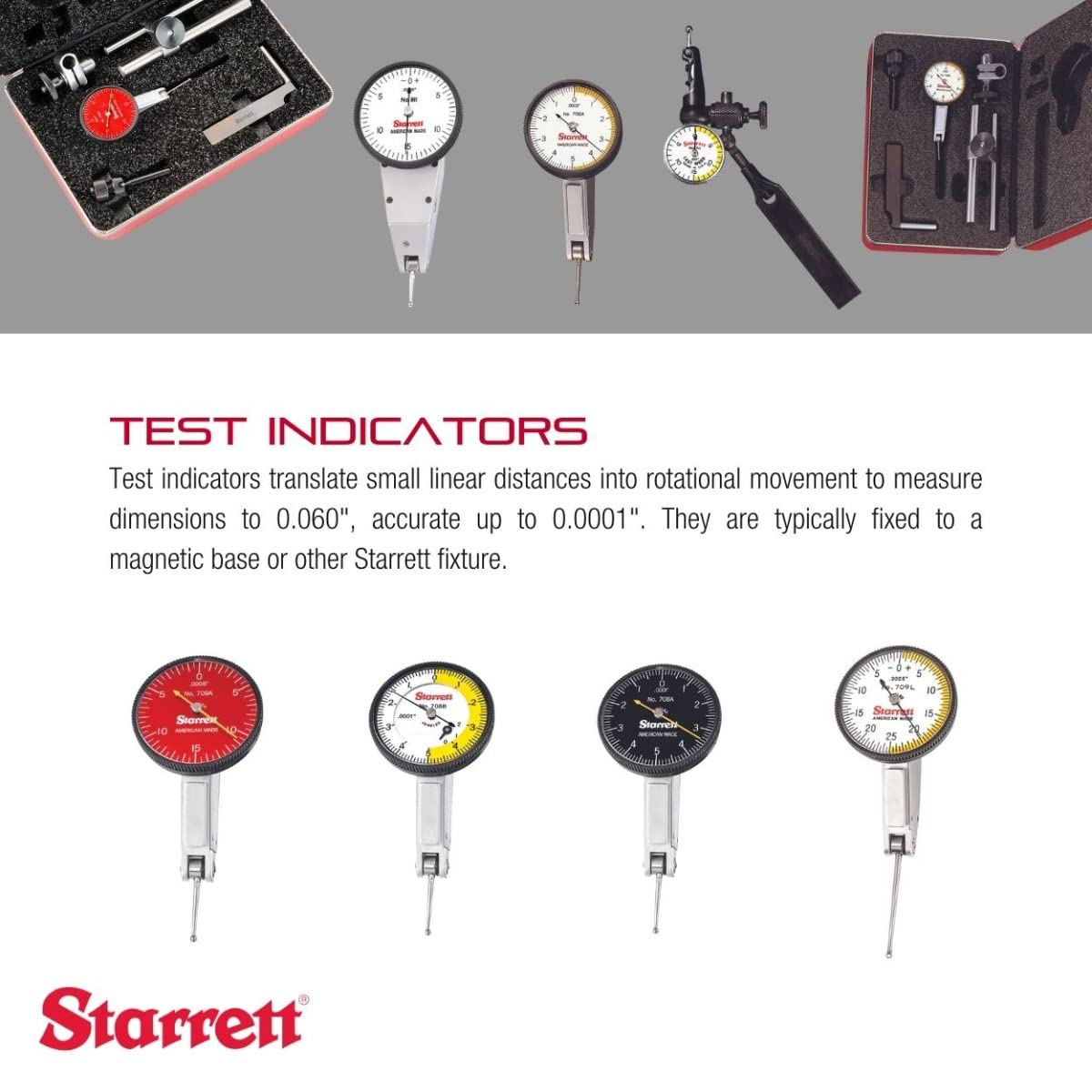 Starrett Dial Test Indicator with Dovetail Mount, Two Dovetail Clamps and Case - 40mm Yellow Dial Face, 0.2mm Range, 0-100-0 Dial Reading, 0.002mm Graduations - 3908MA