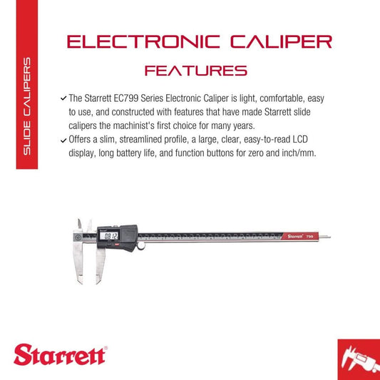 Starrett Stainless Steel Electronic Slide Caliper | 0-12" Range, 0.0005" Resolution, LCD Display, EC799A-12/300