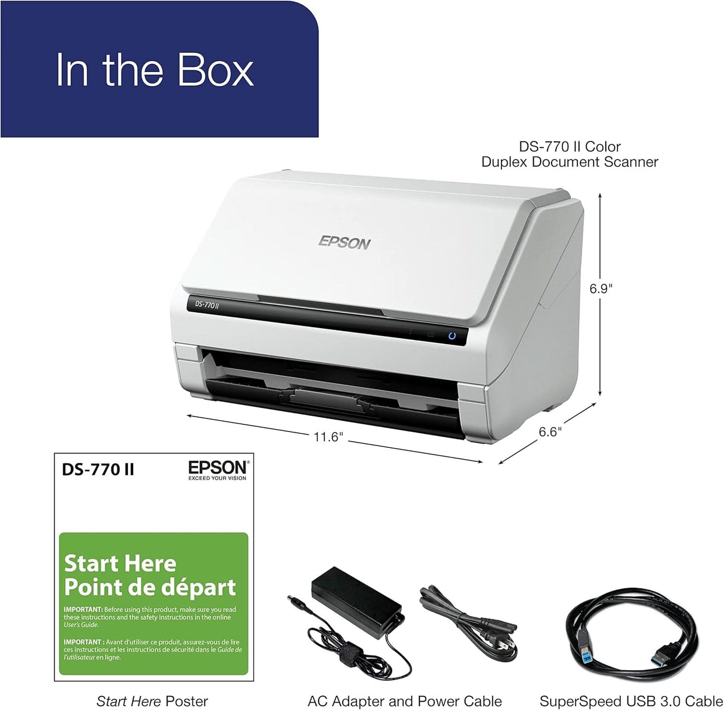 Epson DS-770 II Color Duplex Document Scanner | 100-page ADF, Twain, ISIS Drivers, PC/Mac