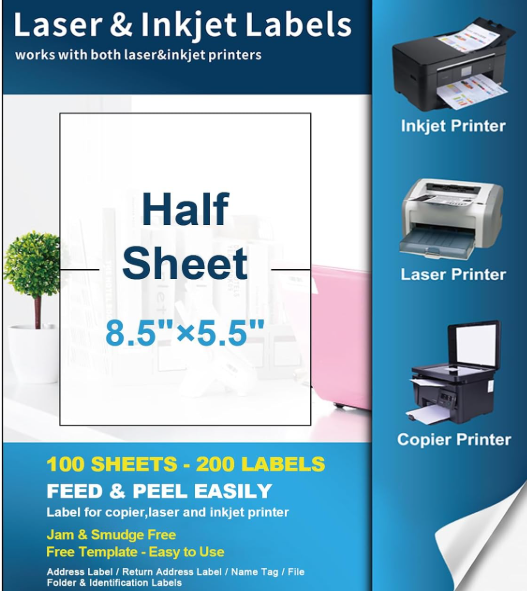 8.5" x 5.5" Half-Sheet Labels | Laser & Inkjet Printer, Self-Adhesive, 2 per Sheet, 500 Sheets (1000 Labels)