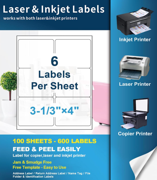 3-1/3" x 4" Shipping Labels | Laser & Inkjet Printer, 6-Up per Sheet, 500 Sheets (3000 Labels), Mailing Stickers