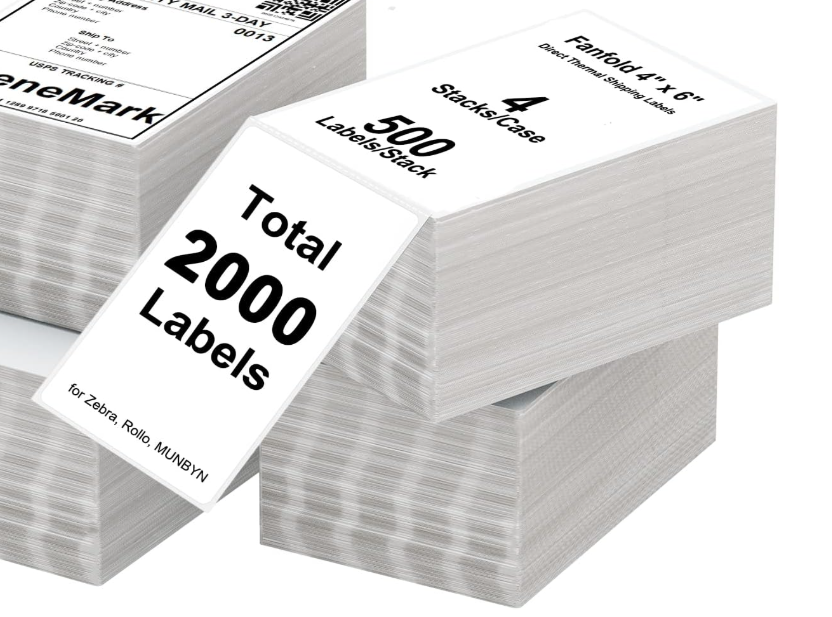 Thermal label 4 Stacks 2000 Labels 4" x 6" Fanfold Direct Thermal Labels, Postage Shipping Labels Paper with Perforated, Strong Adhesive Label for Zebra, Rollo, MUNBYN Thermal Printer,500 Labels per Stack