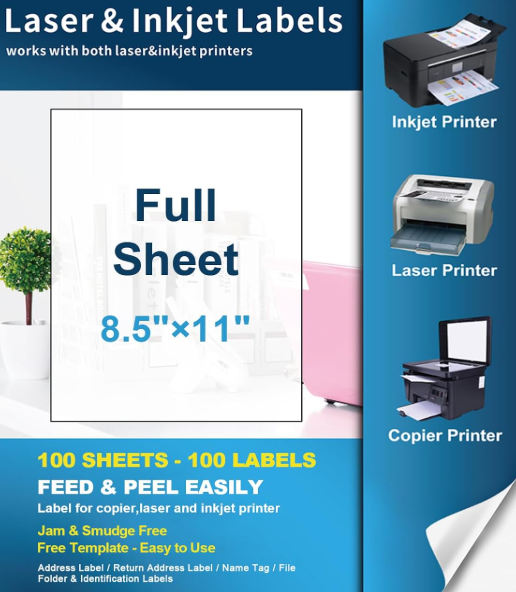 8.5" x 11" Full-Sheet Labels | Laser & Inkjet Printer, 1 per Sheet, 500 Sheets (500 Labels), Self-Adhesive Shipping/Mailing Labels