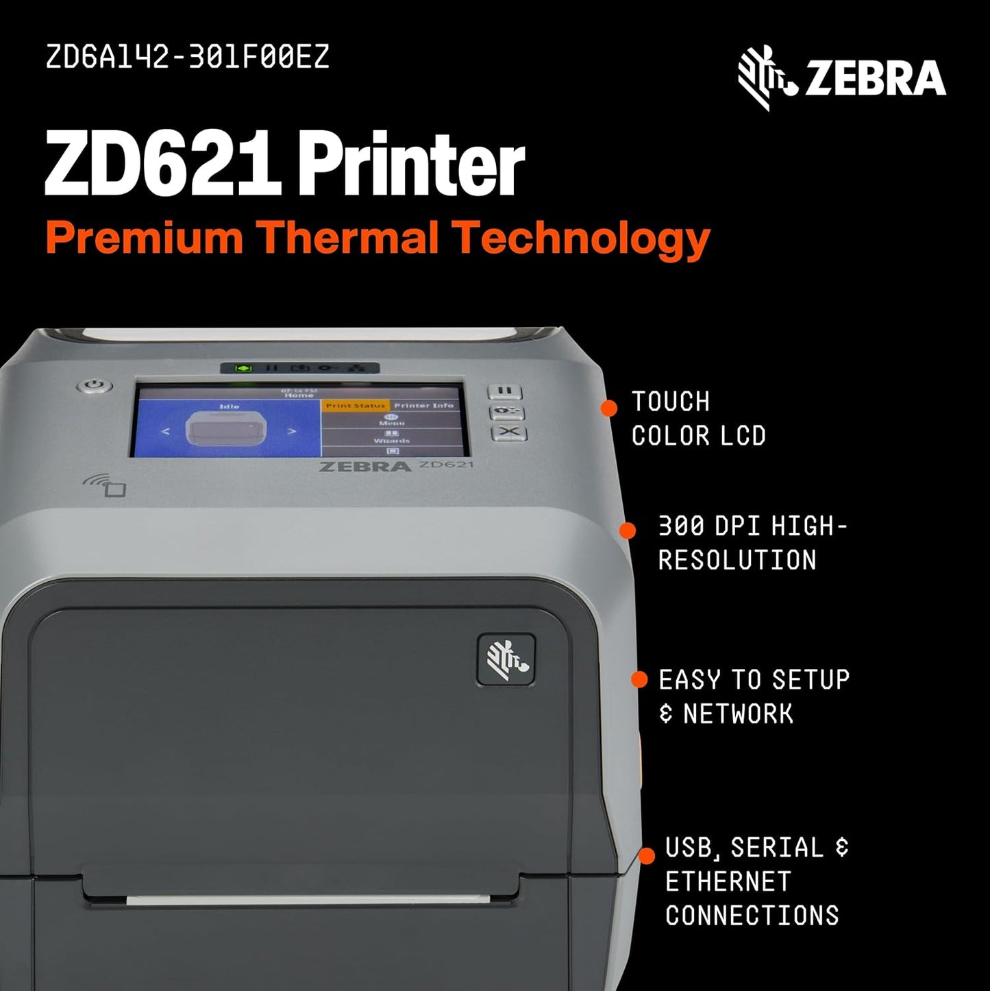 Zebra ZD621 Thermal Transfer Printer ZD6A142-301F00EZ – 203 dpi Desktop Label Printer with Color Touchscreen