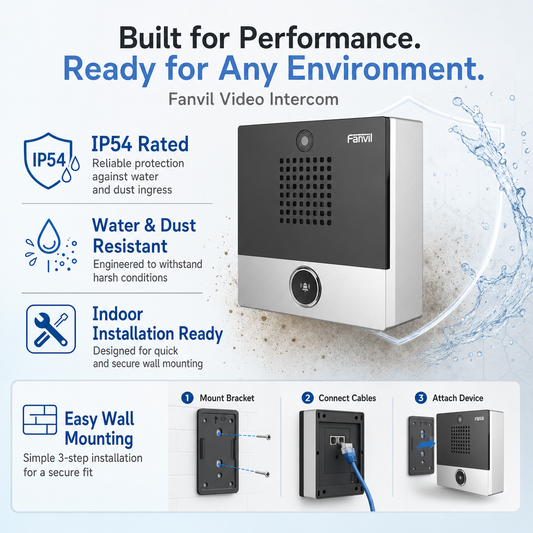Fanvil i10SV video intercom with IP54 weatherproof rating and easy wall mount installation