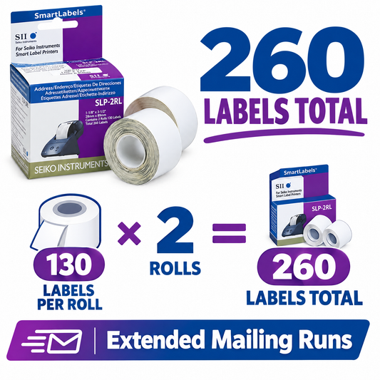 Seiko SLP-2RL (White Address Labels) - 1-1/8" x 3-1/2" Direct Thermal Labels for High-Volume Mailing