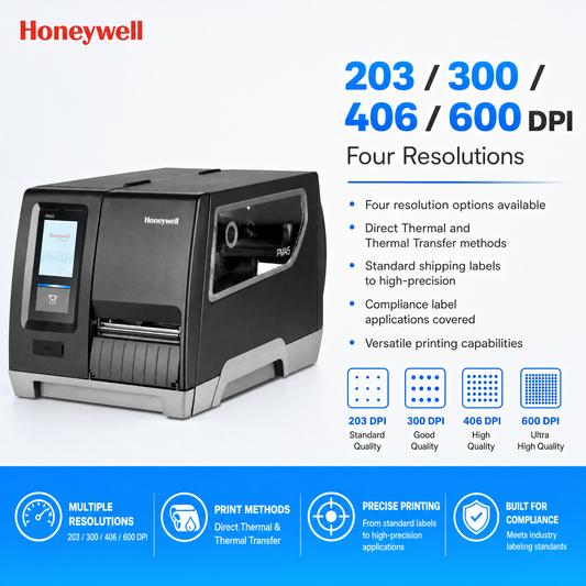 Honeywell PM45 Industrial Thermal Label Printer, 203/300/400/600 DPI, Ethernet Connectivity with Wireless Option