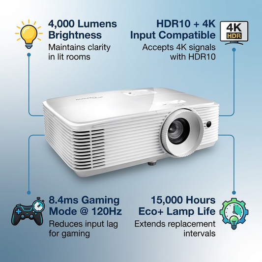 Optoma HD39HDR Full HD 1080p DLP Projector — 4,000 Lumens, HDR10 with 4K-Compatible Input, 8.4ms Enhanced Gaming Mode, 50,000:1 Dynamic Contrast, 15,000-Hour Lamp Life, 10W Built-In Speake