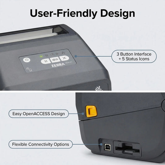 Zebra ZD4A042-D01M00EZ Direct Thermal Desktop Printer - 203 DPI, USB, USB Host, Modular Connectivity Slot, Bluetooth Low Energy 5, US Cord