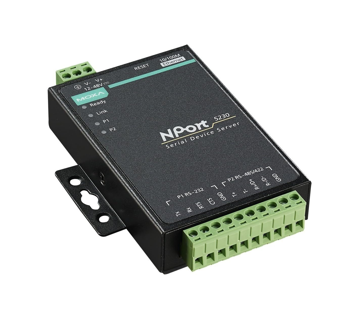 Moxa NPort 5230 2-Port Device Server | RS-232 x1, RS-422/485 x1, Terminal Block, 10/100 Ethernet