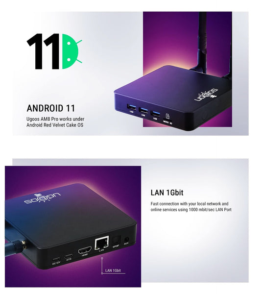 Ugoos AM8 Pro Android 11 TV Box | Amlogic S928X-J, 8GB RAM, 64GB ROM, 8K UHD, WiFi6E, BT5.3, USB 3.0, 1000M LAN, AV1/H.265/VP9 HDR