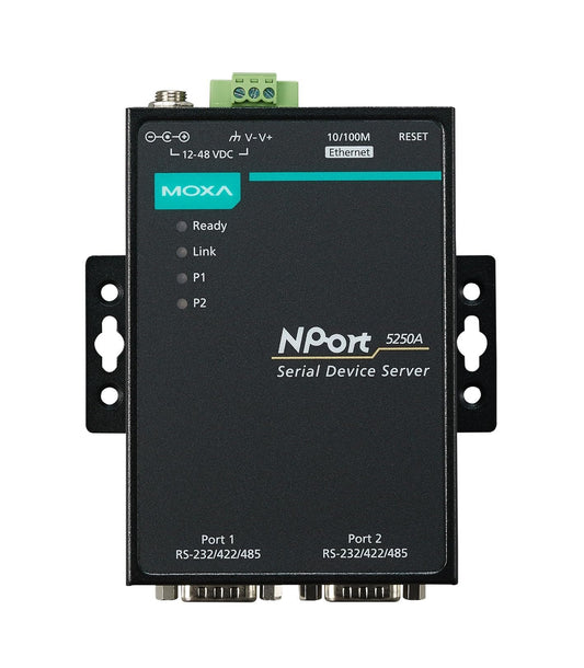 MOXA NPort 5250A Device Server | 2-Port, 10/100 Ethernet, RS-232/422/485, DB9 Male, 15kV ESD, Serial Surge Protection, 12–48VDC