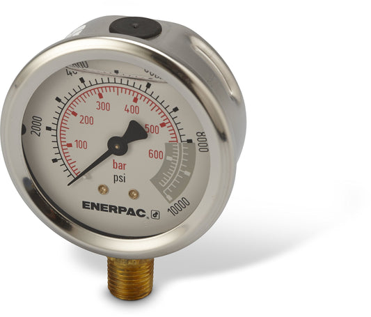 Enerpac G2535L Hydraulic Pressure Gauge | with Dual 0 to 10,000 PSI and 0 to 700 Bar Range, 2-1/2"-Dia. Face, 1/4" NPTF Male, Lower-Mount Connection