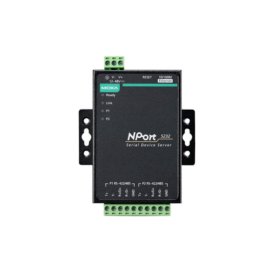 Moxa NPort 5232 Serial Device Server | 2-Port RS-422/485, 10/100 Ethernet, Terminal Block, 15kV ESD, 12–30VDC, 0 to 55°C (Adapter)