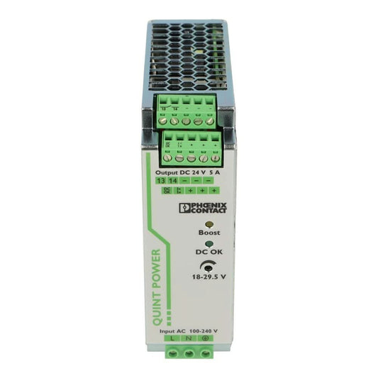 PHOENIX CONTACT QUINT-PS/1AC/24DC/5 (2866750), 120 W, DIN Rail Mount, Input: 1 Phase / 100/240 VAC (45-65 HZ), Output: 24 VDC / 5 AMP, Power Supply, Quint Power, Screw Terminal Block