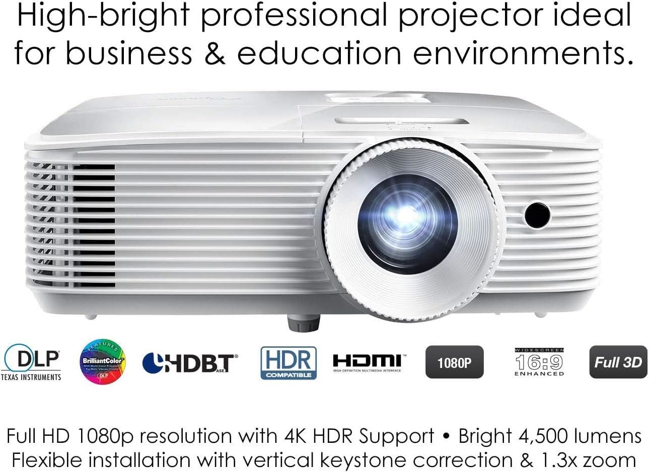 Optoma EH412 DLP Professional Projector | 1080P HDR, 4500 Lumens, 4K HDR Input, White