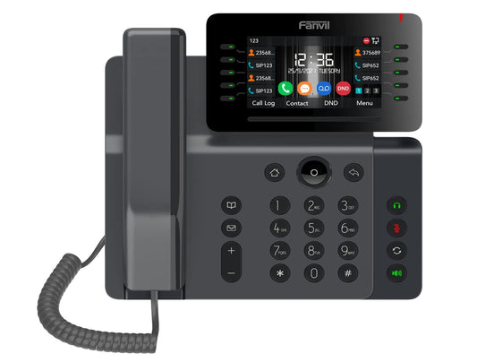 Fanvil V65 IP phone with color touchscreen showing call management interface