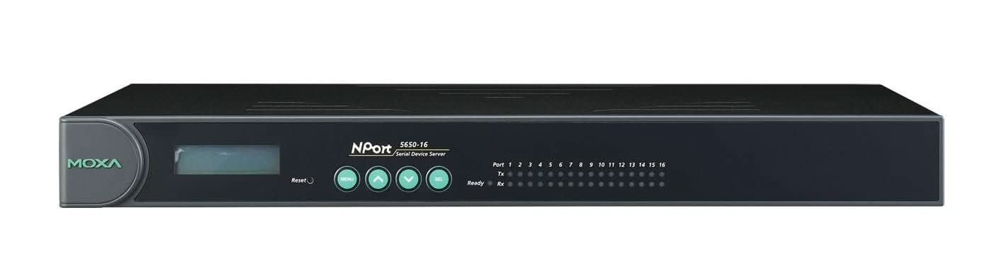 MOXA NPort 5650-16 Device Server | 16-Port Rackmount, 10/100 Ethernet, RS-232/422/485, RJ45, 15kV ESD