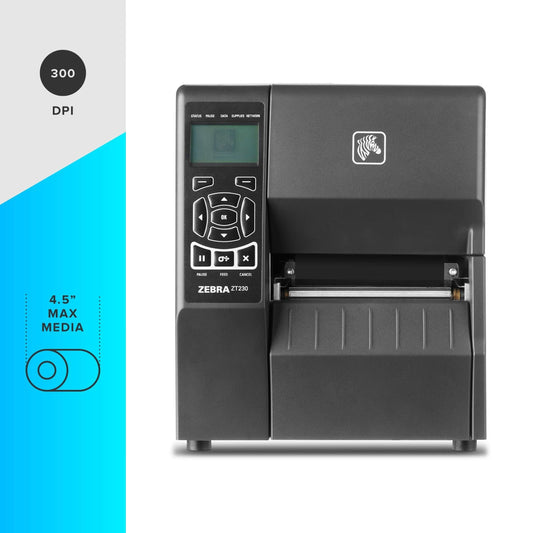 Zebra ZT230 Thermal Transfer Industrial Printer | 300 dpi, 4" Print Width, Serial/USB/Ethernet, Model ZT23043-T01200FZ