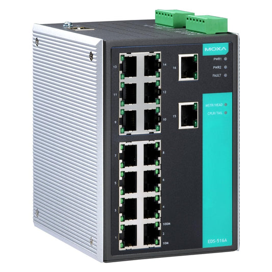 Moxa EDS-516A Managed Ethernet Switch | 16x 10/100BaseTX, VLAN, IGMP Snooping, Port Trunking, RMON, QoS, SFP/SFP+, 100 Mbps, Metal Case