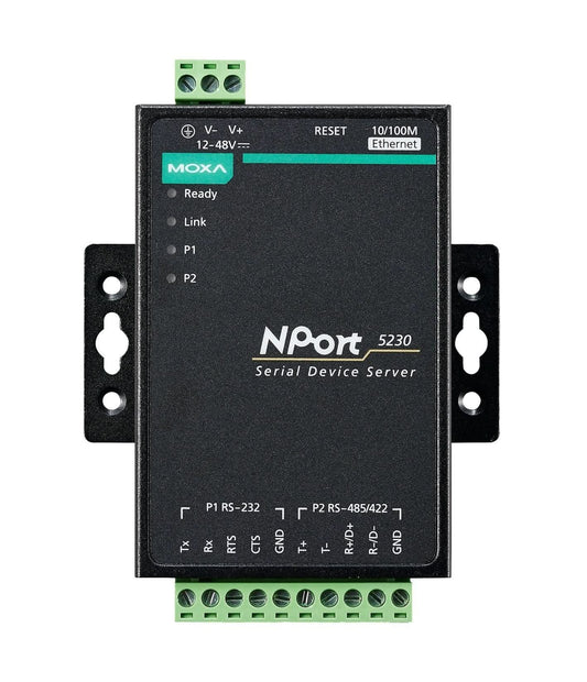 MOXA NPort 5230 2-Port Device Server | RS-232 x1, RS-422/485 x1, Terminal Block, 10/100 Ethernet