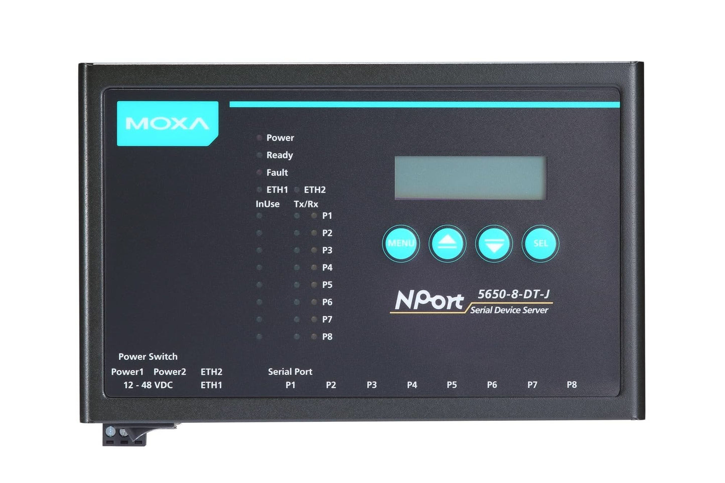 Moxa NPort 5650-8-DT-J Serial Device Server | 8-Port RS-232/422/485, 10/100 Ethernet, RJ45 8-Pin, 15kV ESD, 12–48VDC, 110V PSU