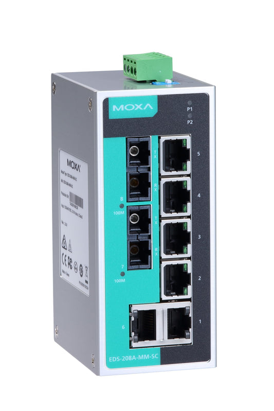 MOXA EDS-208A-MM-SC - Unmanaged Ethernet Switch with 6 10/100BaseT(X) Ports, and 2 100BaseFX Multi-Mode Ports with SC Connectors, -10 to 60°C