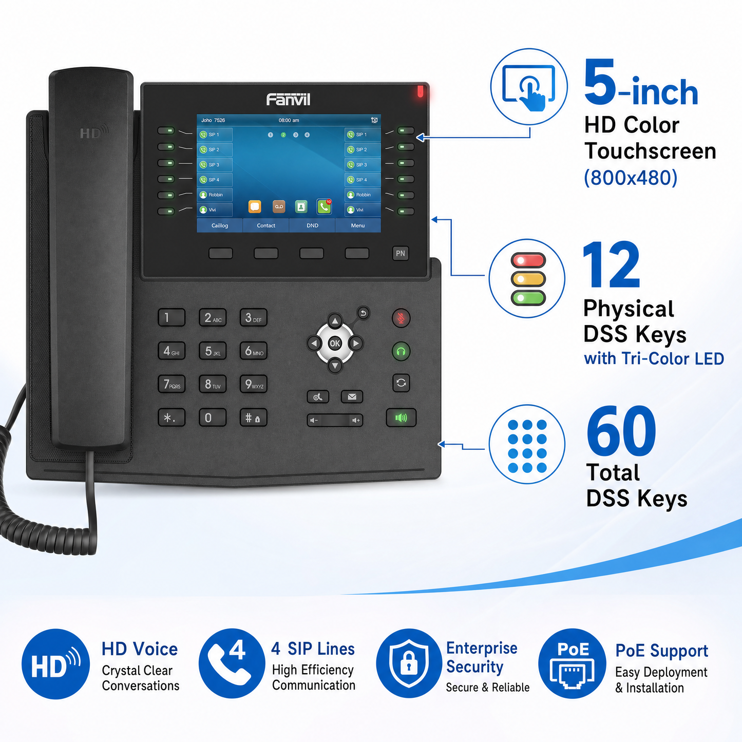 Fanvil X7C Enterprise IP Phone with 5-Inch Color Display, 20 SIP Lines and 60 DSS Keys