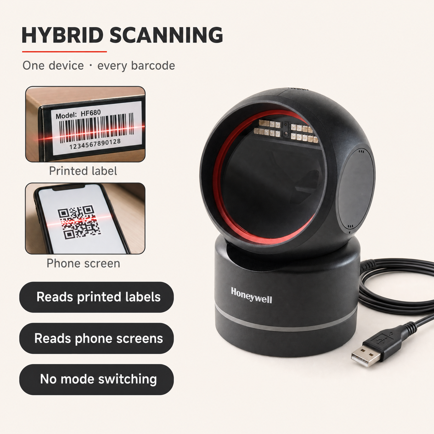Honeywell HF680 Orbit 2D Hands-Free Presentation Scanner for Retail POS