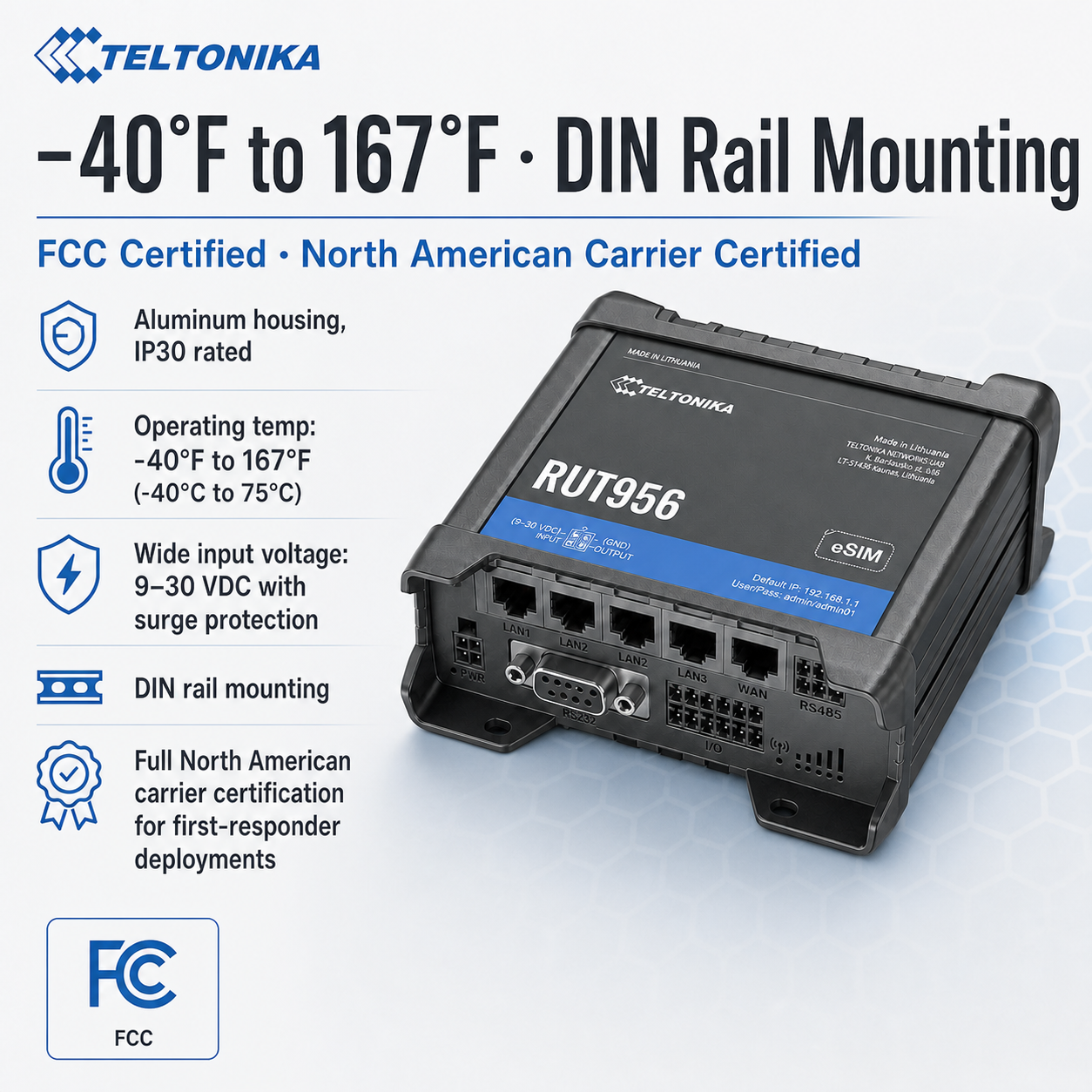 Teltonika RUT956A00A00 Industrial 4G LTE Router with Dual SIM, GPS, WiFi, and Serial Interfaces for North Amer