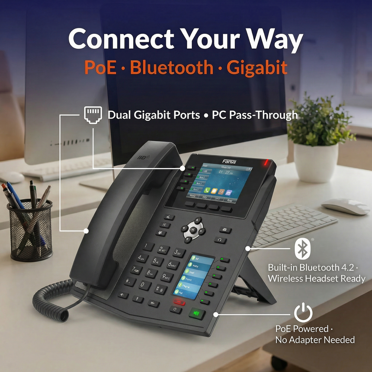Fanvil X5U V2 Enterprise IP Phone with Dual Color Screens and 16 SIP Lines for Business