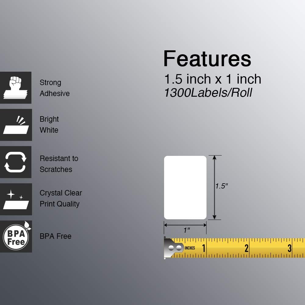 Thermal label 1.5" x 1" (38 mm x 25 mm) All Purpose & Address Labels Compatible with Zebra & Rollo Label Printer, Premium Adhesive & Perforated [10 Rolls, 13000 Labels]