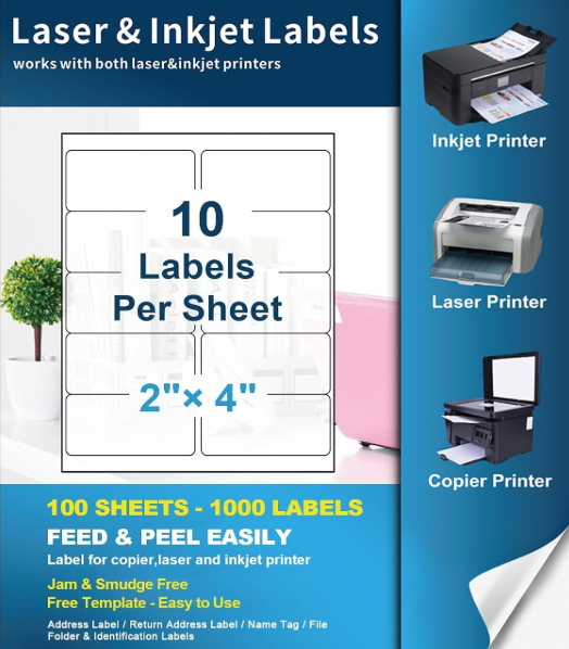 Laser and Inkjet Printer label 500 Sheets 5000 Pcs 2”x4” 10 Up Shipping Address Labels Compatible with Laser and Inkjet Printers, 2x4 10 Per Page Strong Adhesive Internet Mailing Shipping Labels