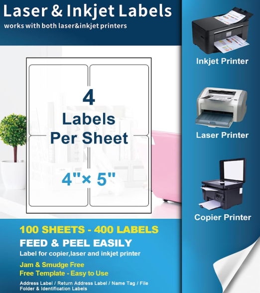 Laser and Inkjet Printer label 500 Sheets 2000 Labels 4"x5" 4 Up Shipping Address Labels for Laser & Inkjet Printers, Permanent Adhesive 4 to a Page, 4 Stickers per Sheet