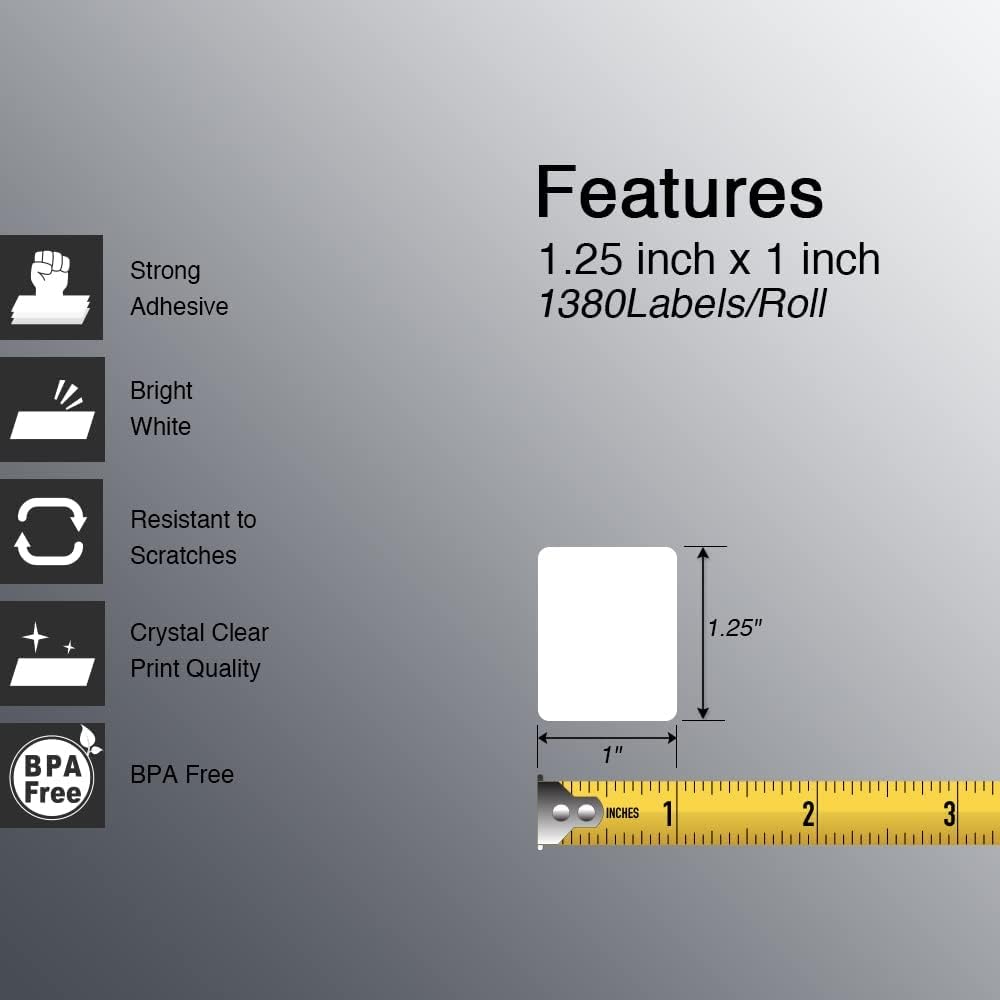Thermal label 1.25" x 1" (32 mm x 25 mm) Barcode & Address Labels Compatible with Zebra & More Label Printer, Premium Adhesive & Perforated [10 Rolls, 13800 Labels]