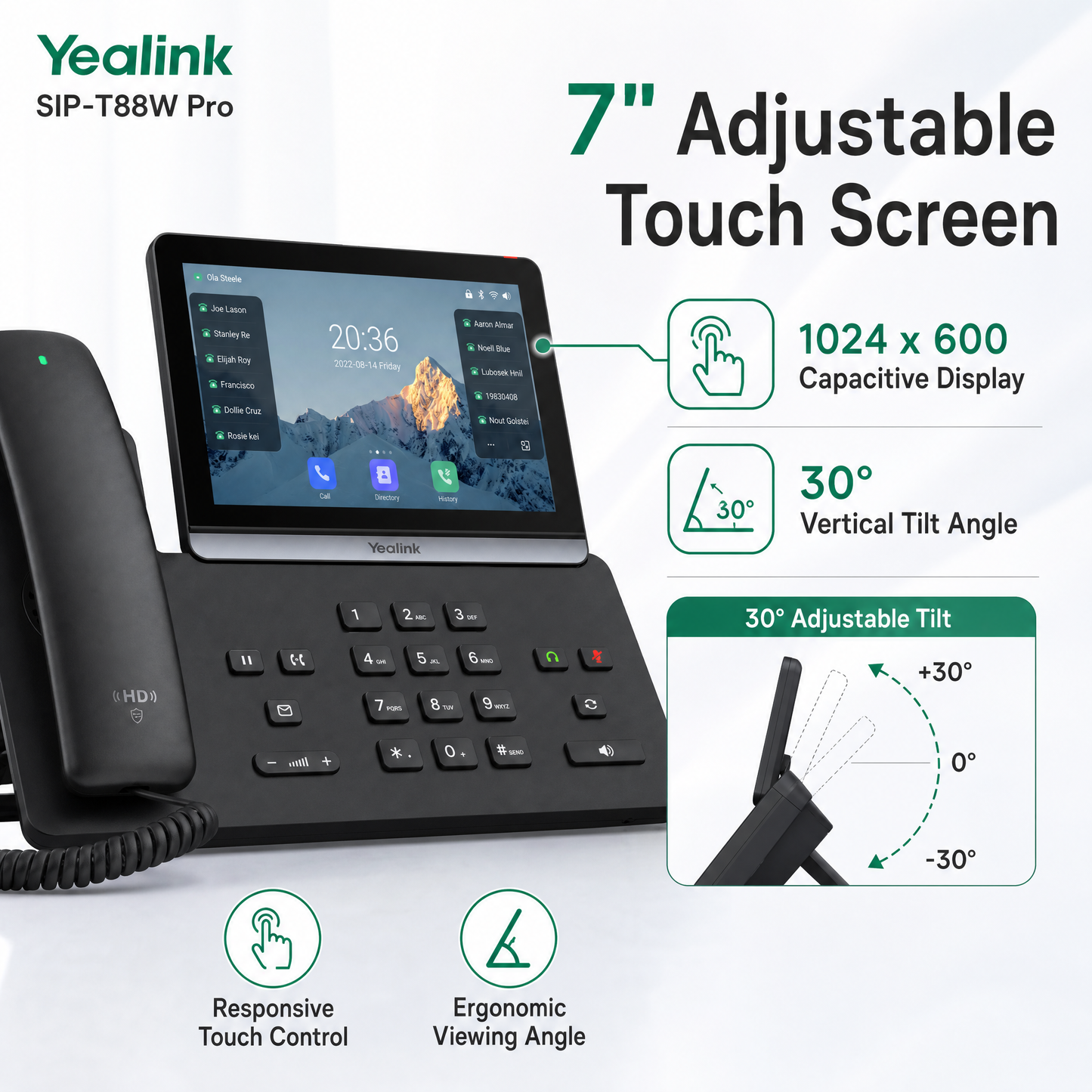 Yealink SIP-T88W Pro Executive IP Phone with Wireless Bluetooth Handset and 7-Inch Touchscreen