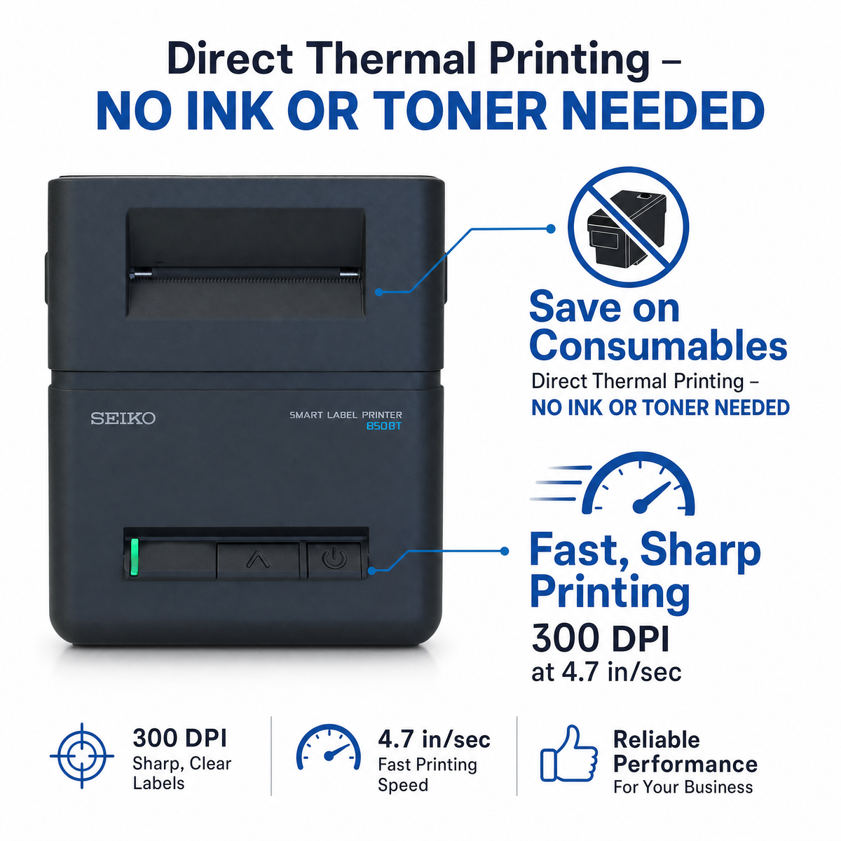 Seiko SLP850-BK0C11-03 2-Inch Linerless Label Printer with Bluetooth and USB Connectivity