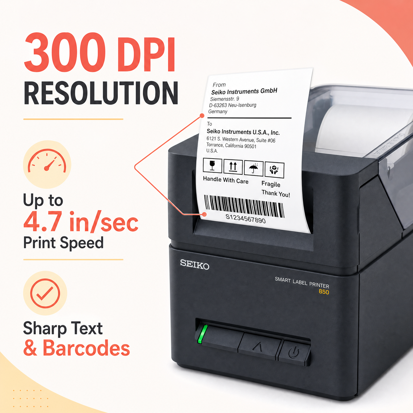 Seiko SLP850-UK0C11-13 Smart Label Printer with Liner-Free Support and 300 DPI Resolution