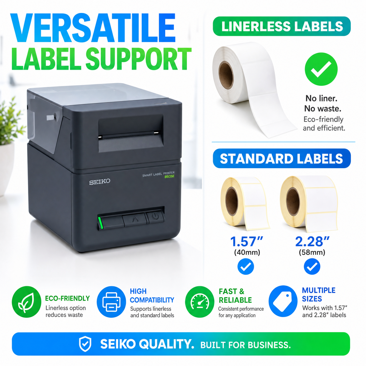 Seiko SLP850-SK0C11-23 Thermal Label Printer with Linerless Support and Serial/USB Connectivity
