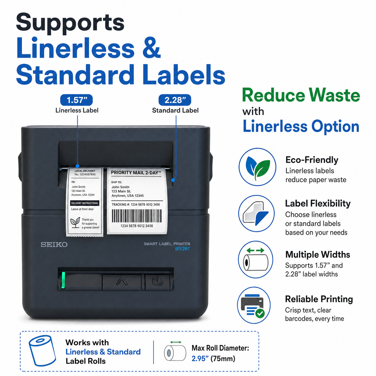Seiko SLP850-BK0C11-03 2-Inch Linerless Label Printer with Bluetooth and USB Connectivity