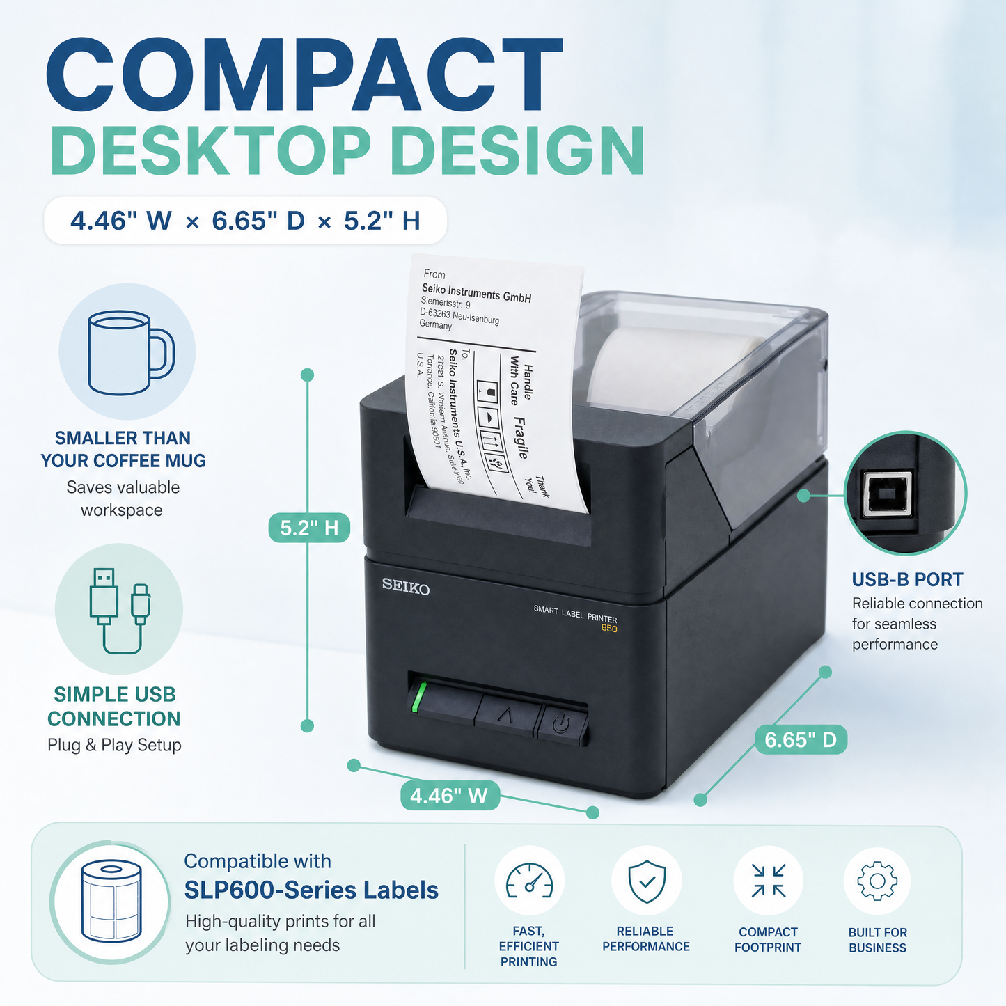 Seiko SLP850-UK0C11-13 Smart Label Printer with Liner-Free Support and 300 DPI Resolution