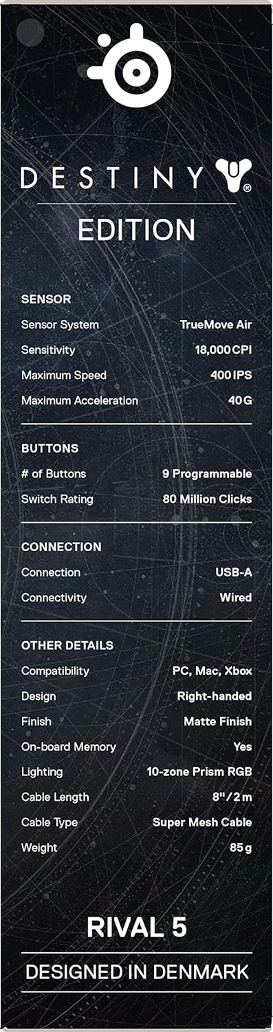 Rival 5 Destiny 2 Edition - Wired Gaming Mouse - FPS, MOBA, MMO, Battle Royale - 18,000 CPI TrueMove Air Optical Sensor - 9 Programmable Buttons - 85g Competitive Weight