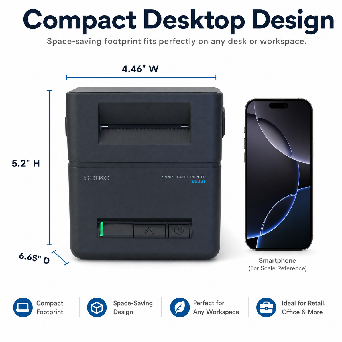 Seiko SLP850-BK0C11-03 2-Inch Linerless Label Printer with Bluetooth and USB Connectivity