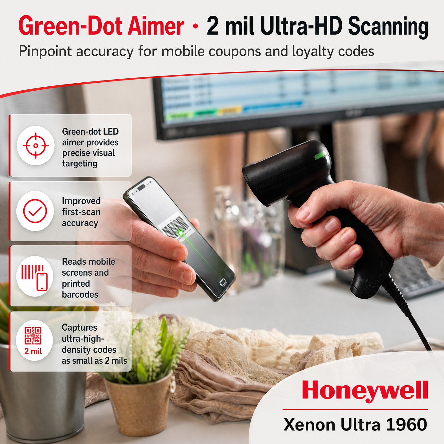 Honeywell Xenon Ultra 1960 Corded Handheld Barcode Scanner for Retail & Manufacturing