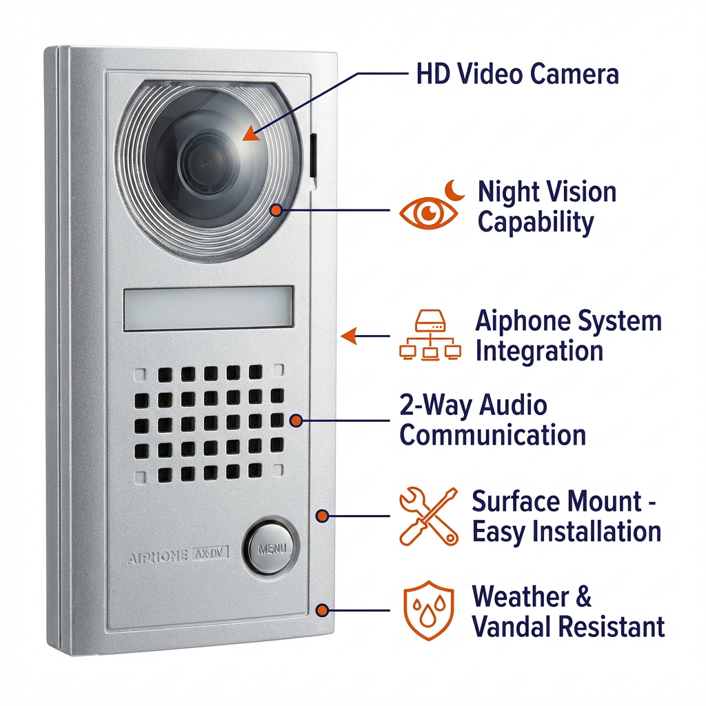 Aiphone AX-DV Surface-Mount Audio/Video Door Station — Cast-Aluminum Vandal-Resistant Housing, 1/4" Color CCD Camera, Illuminated Directory, Cat-5e RJ45 Wiring, AX Series Compatible