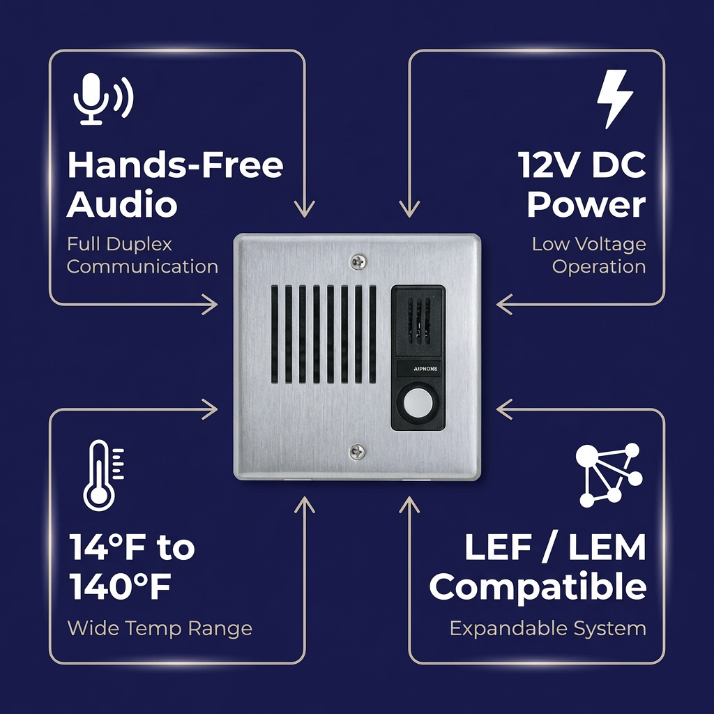 Aiphone LE-DA Flush Mount Audio Door Station — Stainless Steel Faceplate, IP33 Weather & Vandal Resistant, Hands-Free, 2-Gang Flush or Surface Mount, LEF/LEM Series Compatible